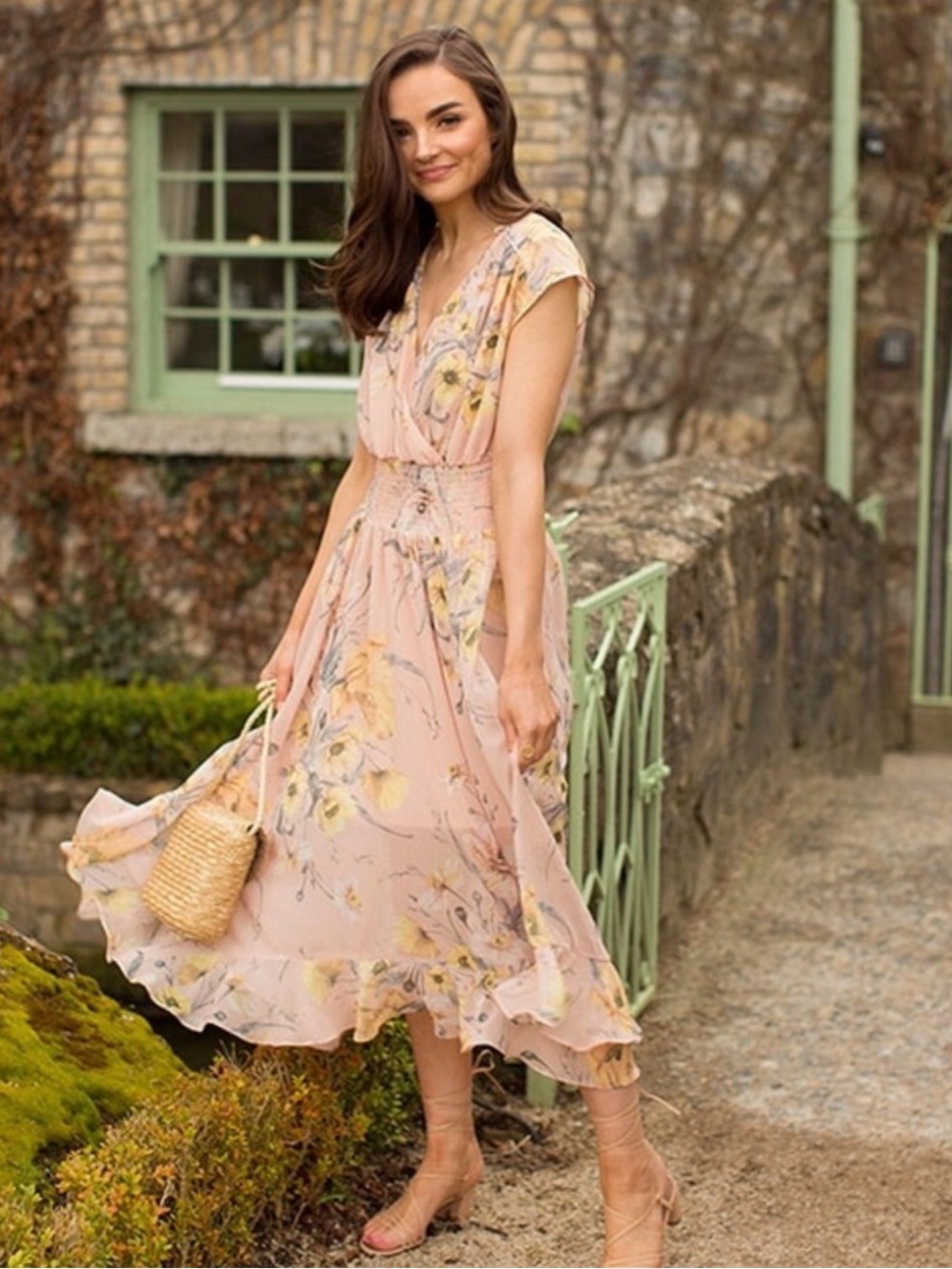 H&M Peach Floral Blush Pink Maxi Dress with Yellow Accents